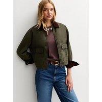 New Look Khaki Contrast Collar Cropped Barn Jacket - Green