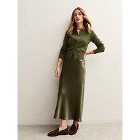 New Look Light Khaki Satin Bias Cut Midi Skirt - Green
