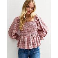 New Look Shirred Checked Frilly Trim Top - Pink
