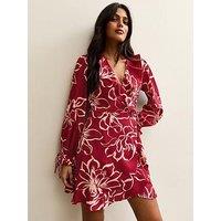 New Look Red Flower Print Wrap Mini Dress