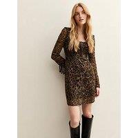 New Look Leopard Print Mesh Scoop Neck Tie Detail Mini Dress - Brown