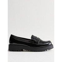 New Look Wide Fit Patent Faux Leather Chunky Penny Loafers - Black