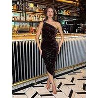 Ax Paris Velvet One Shoulder Ruched Midi Dress - Brown