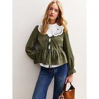 New Look Khaki Corduroy Tie Front Peplum Shirt - Green