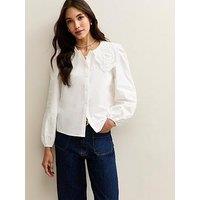 New Look Embroidered Scallop Collar Long Sleeve Shirt - White