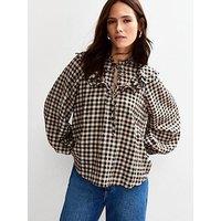New Look Checked Frill Collar Balloon Sleeve Blouse - Brown