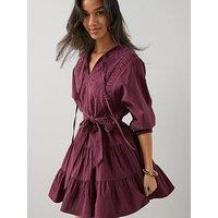 The Very Collection Embroidered Bat Wing Sleeve Belted Mini Dress - Burgundy