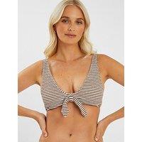Accessorize Textured Stripe Tie Front Bikini Top - Cream