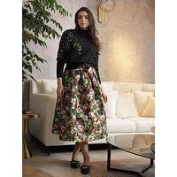 Emily Lovelock Jacquard Metallic Full Skirt - Green