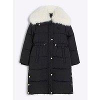 River Island Older Girls Faux Fur Collar Padded Coat - Black
