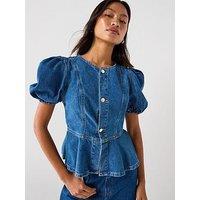 The Very Collection Denim Puff Sleeve Peplum Top - Mid Wash