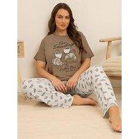 Yours Curve Coffee Club Wide Leg Pj Set - Brown