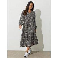 Pixiegirl Petite Folk Floral Tie Neck Midaxi Dress - Black