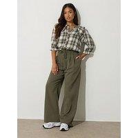 Pixiegirl Petite Paper Bag Tie Waist Wide Leg Trouser - Green
