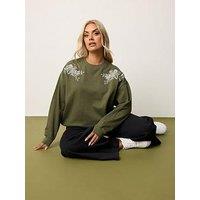 Yours Curve Embroidered Sweatshirt - Green