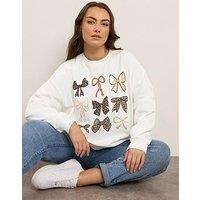 Yours Curve Bow Crew Neck Sweatshirt - Ivory