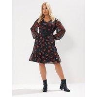 Yours Curve Floral Stud Tape Dress - Black