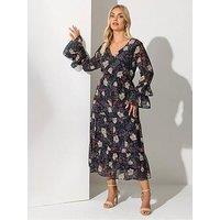 Yours Curve Floral V Neck Ruffle Tiered Dress - Black