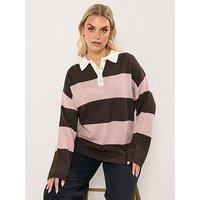 Yours Curve Rugby Collar Stripe Jumper - Brown