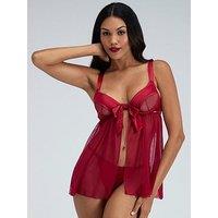 Boux Avenue Bow Wired Babydoll And Knicker Set - Dark Red
