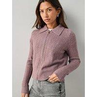 The Very Collection Collared Pointelle Knitted Cardigan - Mauve