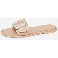 Quiz Wide Fit Nude Diamante Buckle Flat Sandals