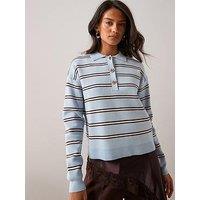 The Very Collection Compact Knitted Stripe Polo Jumper- Blue