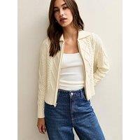 New Look Cable Knit Collared Zip Through Cardigan - Cream