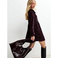 New Look Dark Red Animal Print Oversized Collar Mini Dress