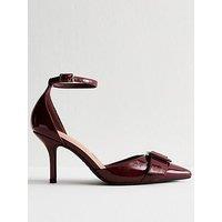 New Look Dark Burgundy Faux Patent Leather Buckle Strap Open Court Shoes