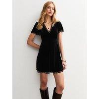 New Look Black Velvet Lace Trimmed Mini Tea Dress