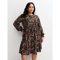 New Look Curves Black Crinkle Texture Leopard Print Smock Mini Dress