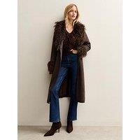 New Look Faux Fur Trimmed Faux Suede Coat - Brown