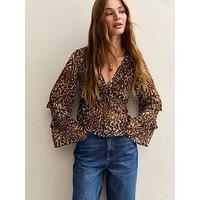 New Look Chiffon V-Neck Frill Blouse - Brown