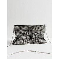 New Look Rhinestone Embellished Bow Appliqued Clutch - Silver
