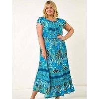 Roman Curve Tropical Tie Neck Dress - Blue
