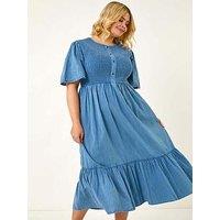 Roman Curve Denim Shirred Midi Dress - Blue