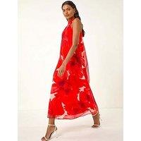 Roman Floral Halterneck Midi Dress - Red