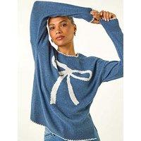 Roman Contrast Stitch Bow Knit Jumper - Blue