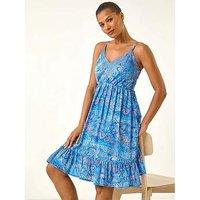 Roman Paisley Print Strap Frill Dress - Blue