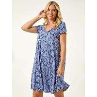 Roman Petite Printed V-Neck Pocket Swing Dress - Blue