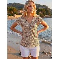 Roman Print Ruched Frill Sleeve Top - Beige