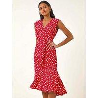 Roman Floral Frill Buttoned Dress - Red