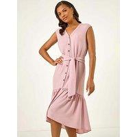 Roman V-Neck Buttoned Tie Waist Midi Dress - Light Pink