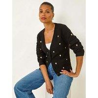 Roman Embroidered Heart Knit Cardigan - Black