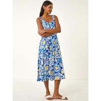 Roman Floral Print Strap Detail Midi Dress - Blue