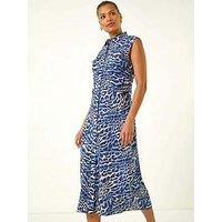 Roman Animal Print Gathered Shirt Dress - Blue
