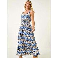 Roman Petite Abstract Shirred Waist Midi Dress - Blue