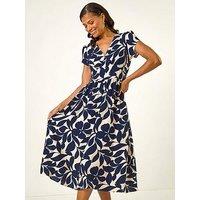 Roman Leaf Print V-Neck Midi Dress - Navy