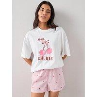 The Very Collection Short Sleeve Cherry Graphic Tshirt And Woven Short Pyjama Set - White